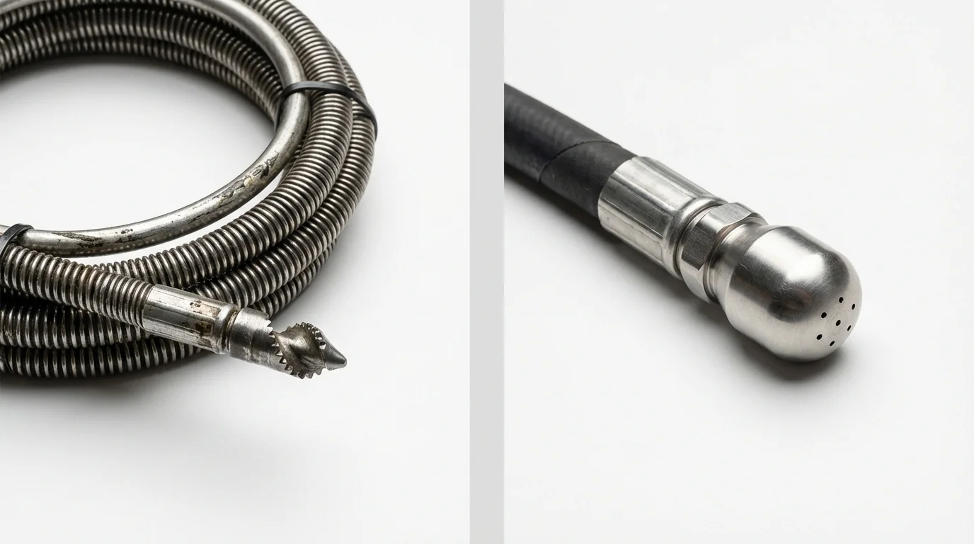 Drain snake cable and hydro jetting nozzle used for drain cleaning in Livingston, CA