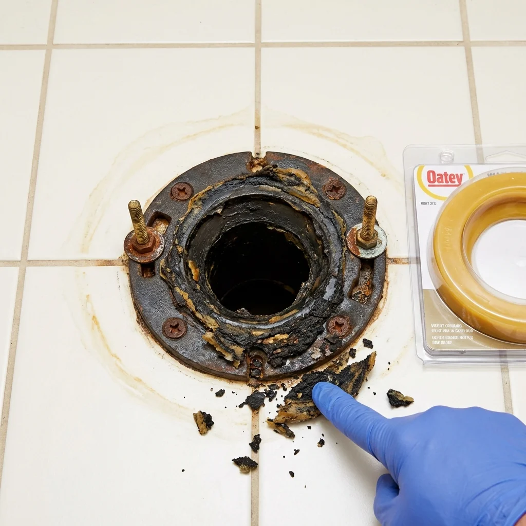 Failed wax ring showing water seepage at the base of a toilet in a Livingston, CA home