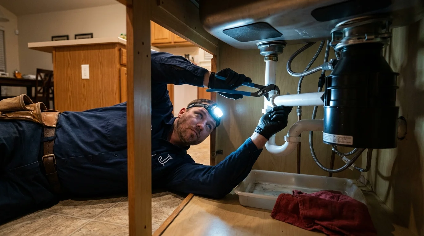 P-trap and supply line connections under a kitchen sink showing a common leak point in Livingston, CA